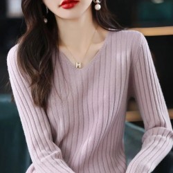Women Sweater Long Sleeve Top Knitted Pullover V-Neck Fashion