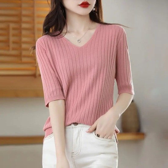 Women's V-neck Short-Sleeved Knitted Sweater Pullover Solid Color Women's V-neck Short-Sleeved Knitted Sweater Pullover Solid Color