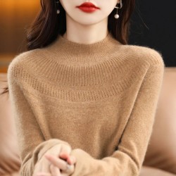 single-line hollow women's pullover O-neck sweater knitted solid color