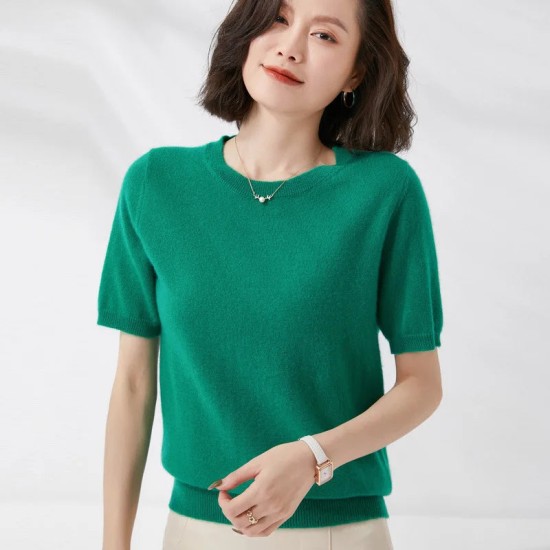 Short-sleeved O-neck Pullover T-shirt Knitted Base Sweater Short-sleeved O-neck Pullover T-shirt Knitted Base Sweater