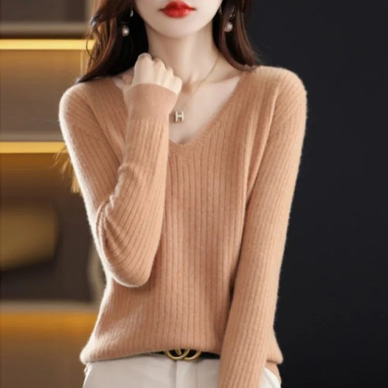 Women Sweater Long Sleeve Top Knitted Pullover V-Neck Fashion Women Sweater Long Sleeve Top Knitted Pullover V-Neck Fashion