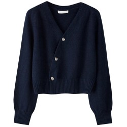 Skew Button Cardigan V-neck Sweater Women Knitted Long Sleeve Tops