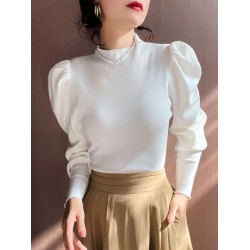 Sweater Turtleneck Slim Fit Basic Pullovers Fashion Knit Puff Sleeve