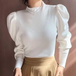 Sweater Turtleneck Slim Fit Basic Pullovers Fashion Knit Puff Sleeve