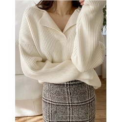V-neck Sweater Long-sleeved Knitted Pullovers Ribbed Oversize
