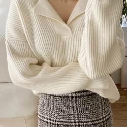 V-neck Sweater Long-sleeved Knitted Pullovers Ribbed Oversize