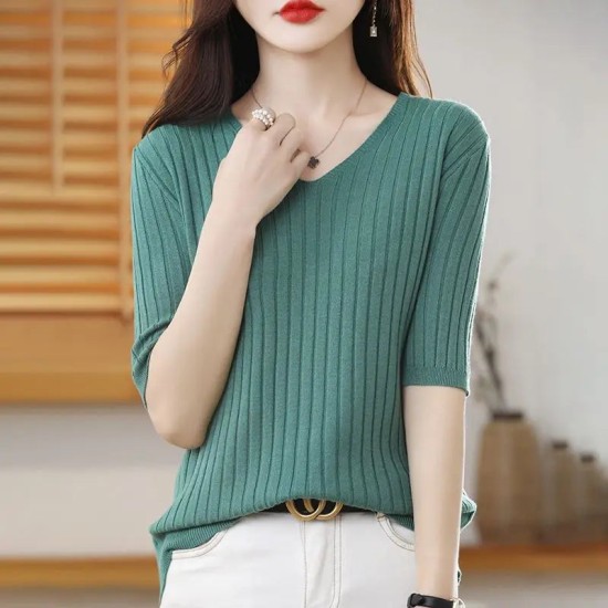 Women's V-neck Short-Sleeved Knitted Sweater Pullover Solid Color Women's V-neck Short-Sleeved Knitted Sweater Pullover Solid Color