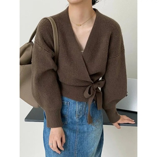 Bow Tie V-Neck Knit Women's Short High Waist Cardigan Sweater Bow Tie V-Neck Knit Women's Short High Waist Cardigan Sweater