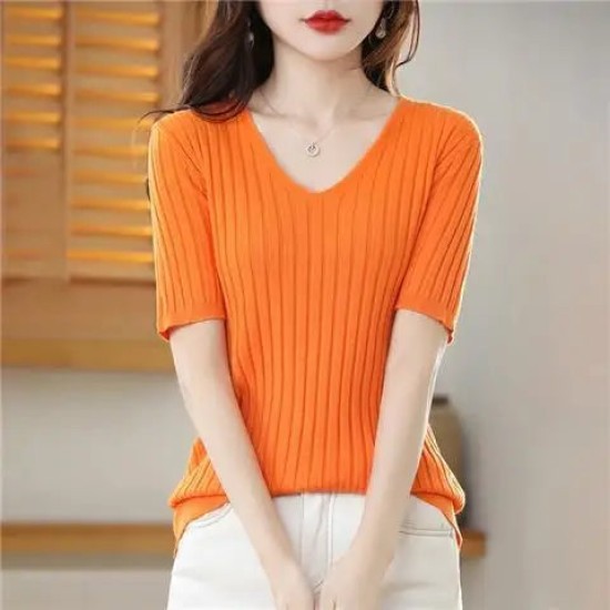 Women's V-neck Short-Sleeved Knitted Sweater Pullover Solid Color Women's V-neck Short-Sleeved Knitted Sweater Pullover Solid Color