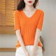Women's V-neck Short-Sleeved Knitted Sweater Pullover Solid Color Women's V-neck Short-Sleeved Knitted Sweater Pullover Solid Color