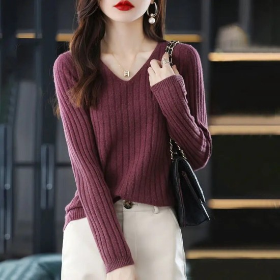 Women Sweater Long Sleeve Top Knitted Pullover V-Neck Fashion Women Sweater Long Sleeve Top Knitted Pullover V-Neck Fashion