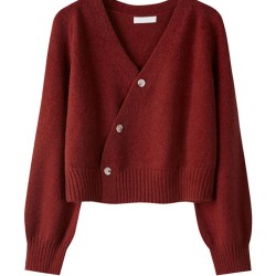 Skew Button Cardigan V-neck Sweater Women Knitted Long Sleeve Tops
