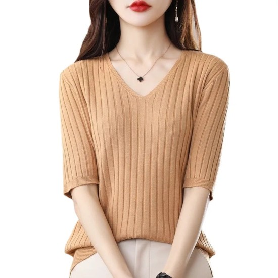Women's V-neck Short-Sleeved Knitted Sweater Pullover Solid Color Women's V-neck Short-Sleeved Knitted Sweater Pullover Solid Color