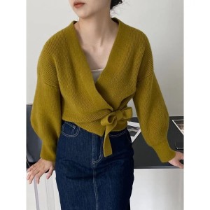 Bow Tie V-Neck Knit Women's Short High Waist Cardigan Sweater