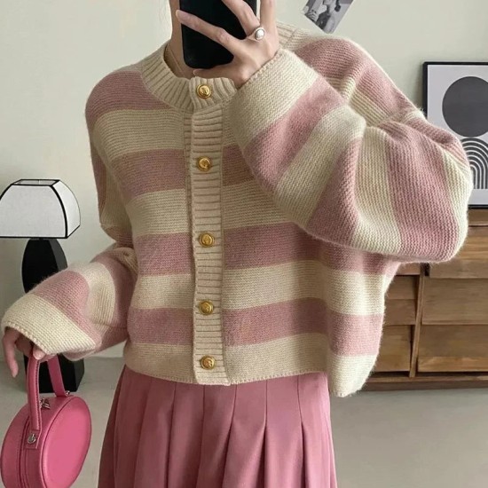 Striped Knitted Button Up Loose Cardigan Sweaters Striped Knitted Button Up Loose Cardigan Sweaters