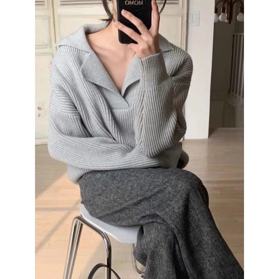 V-neck Sweater Long-sleeved Knitted Pullovers Ribbed Oversize V-neck Sweater Long-sleeved Knitted Pullovers Ribbed Oversize