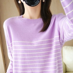 Cotton Knitted Sweater Striped Color Long Sleeve