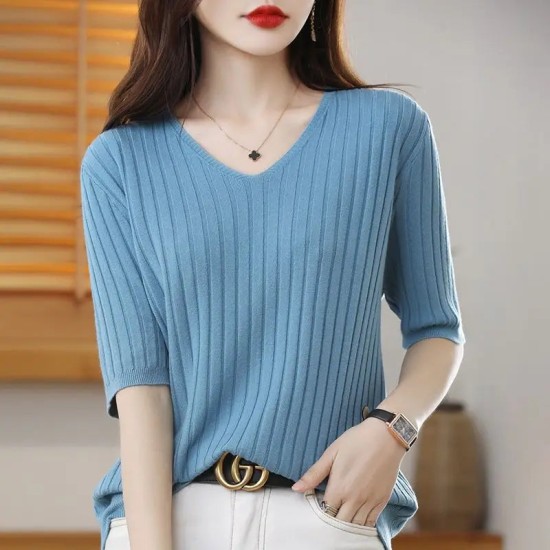 Women's V-neck Short-Sleeved Knitted Sweater Pullover Solid Color Women's V-neck Short-Sleeved Knitted Sweater Pullover Solid Color