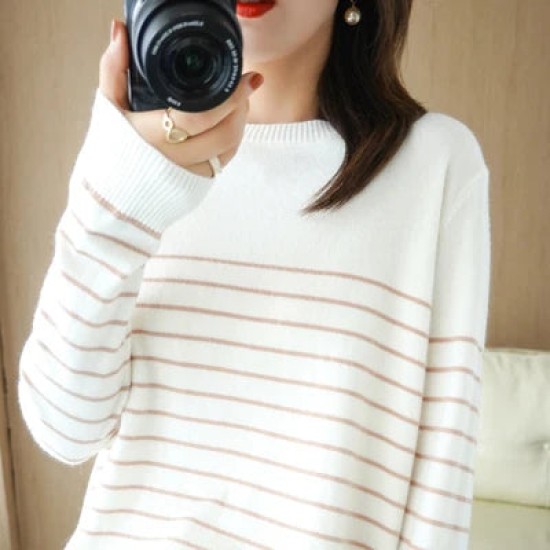 Cotton Knitted Sweater Striped Color Long Sleeve Cotton Knitted Sweater Striped Color Long Sleeve