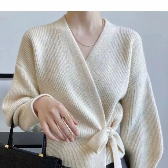 Bow Tie V-Neck Knit Women's Short High Waist Cardigan Sweater Bow Tie V-Neck Knit Women's Short High Waist Cardigan Sweater