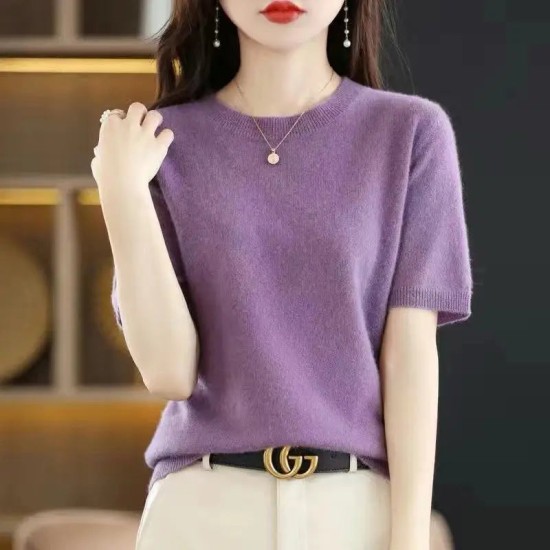 Short-sleeved O-neck Pullover T-shirt Knitted Base Sweater Short-sleeved O-neck Pullover T-shirt Knitted Base Sweater