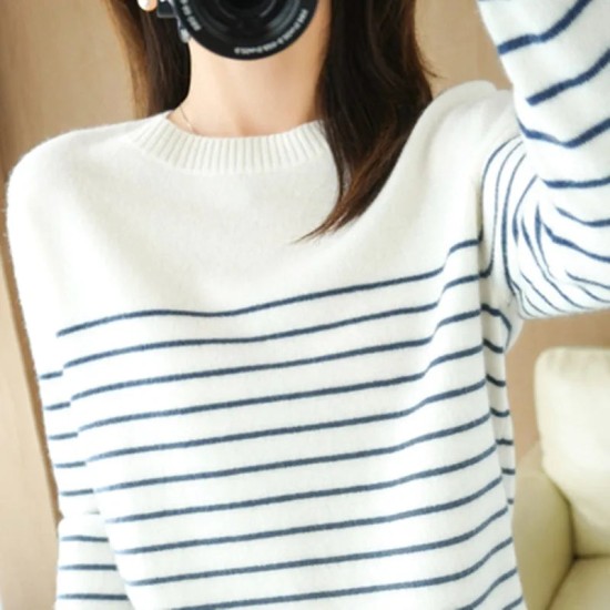 Cotton Knitted Sweater Striped Color Long Sleeve Cotton Knitted Sweater Striped Color Long Sleeve