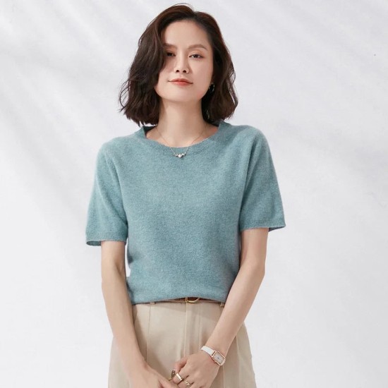 Short-sleeved O-neck Pullover T-shirt Knitted Base Sweater Short-sleeved O-neck Pullover T-shirt Knitted Base Sweater