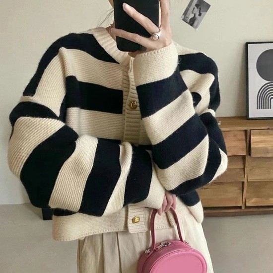 Striped Knitted Button Up Loose Cardigan Sweaters Striped Knitted Button Up Loose Cardigan Sweaters