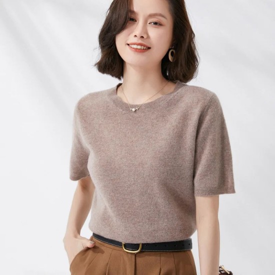 Short-sleeved O-neck Pullover T-shirt Knitted Base Sweater Short-sleeved O-neck Pullover T-shirt Knitted Base Sweater