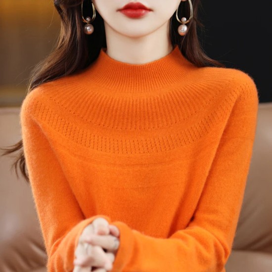 single-line hollow women's pullover O-neck sweater knitted solid color single-line hollow women's pullover O-neck sweater knitted solid color