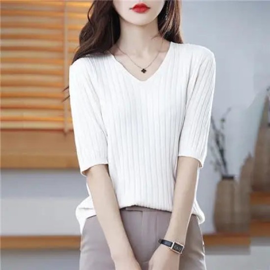 Women's V-neck Short-Sleeved Knitted Sweater Pullover Solid Color Women's V-neck Short-Sleeved Knitted Sweater Pullover Solid Color