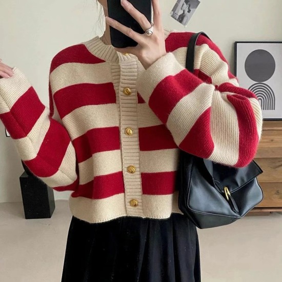 Striped Knitted Button Up Loose Cardigan Sweaters Striped Knitted Button Up Loose Cardigan Sweaters