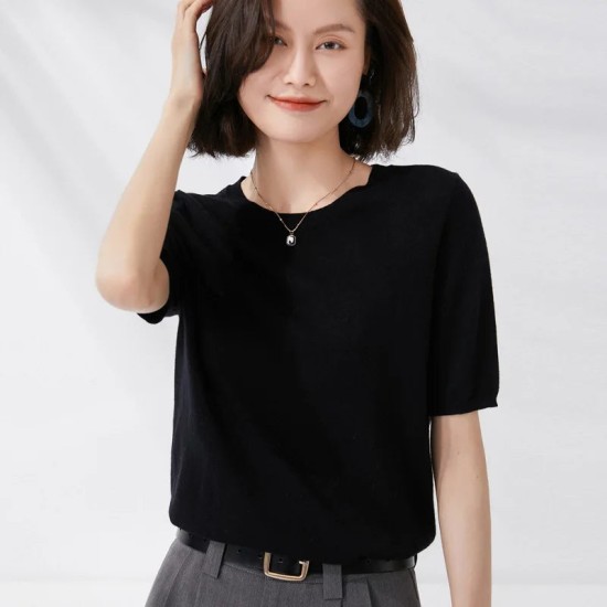 Short-sleeved O-neck Pullover T-shirt Knitted Base Sweater Short-sleeved O-neck Pullover T-shirt Knitted Base Sweater