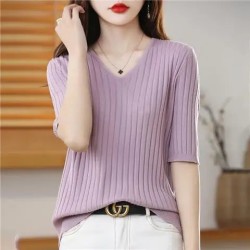 Women's V-neck Short-Sleeved Knitted Sweater Pullover Solid Color