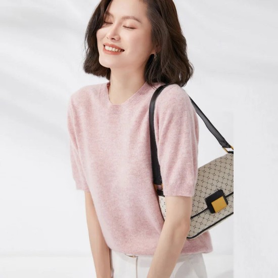 Short-sleeved O-neck Pullover T-shirt Knitted Base Sweater Short-sleeved O-neck Pullover T-shirt Knitted Base Sweater