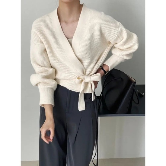 Bow Tie V-Neck Knit Women's Short High Waist Cardigan Sweater Bow Tie V-Neck Knit Women's Short High Waist Cardigan Sweater