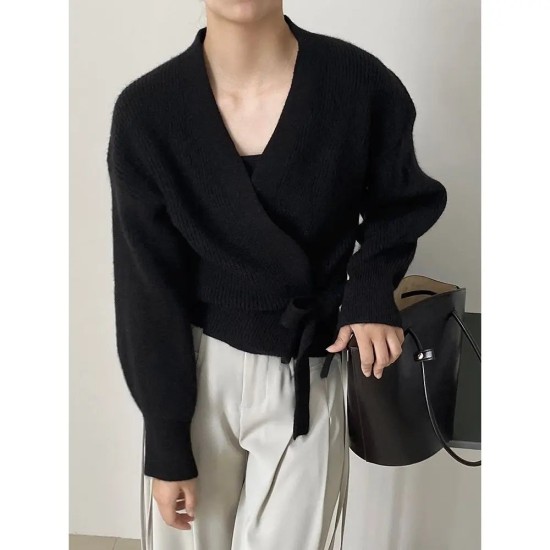 Bow Tie V-Neck Knit Women's Short High Waist Cardigan Sweater Bow Tie V-Neck Knit Women's Short High Waist Cardigan Sweater