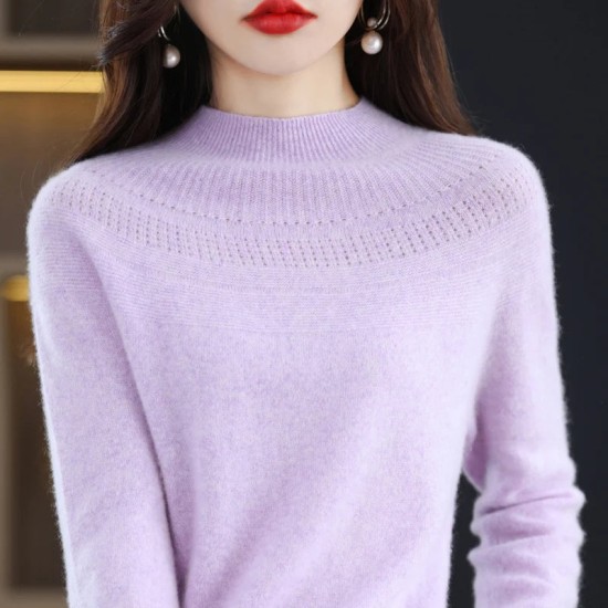 single-line hollow women's pullover O-neck sweater knitted solid color single-line hollow women's pullover O-neck sweater knitted solid color