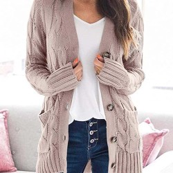 Cardigan Long Sleeve Plus Size Pocket Ribbed Knitted Sweater