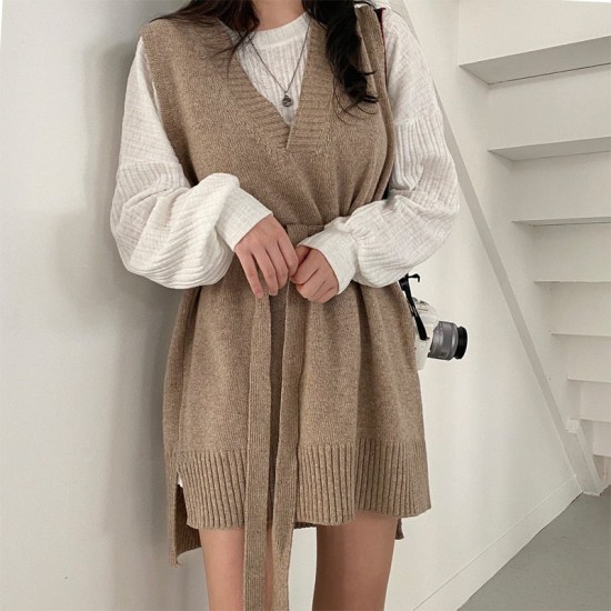 Dresses V-Neck Split Knitted Lace Up Sleeveless Style Elegant Lady Dress Dresses V-Neck Split Knitted Lace Up Sleeveless Style Elegant Lady Dress