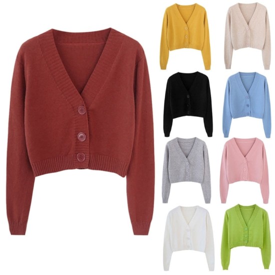 Long Sleeve Sweater Cardigan Sexy V-Neck Button Down Cropped Jacket Long Sleeve Sweater Cardigan Sexy V-Neck Button Down Cropped Jacket