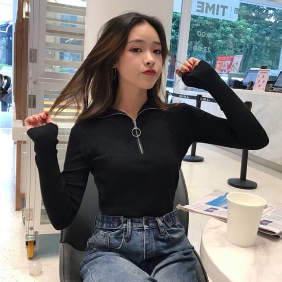 Knitted Zipper High Neck Sweater Pullovers Turtleneck Basic Knitted Zipper High Neck Sweater Pullovers Turtleneck Basic