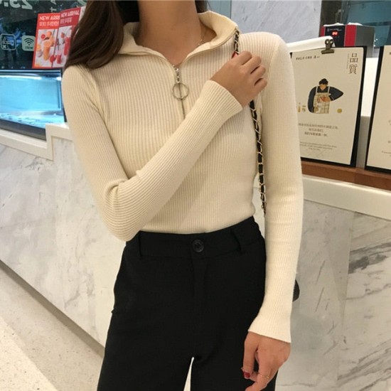 Knitted Zipper High Neck Sweater Pullovers Turtleneck Basic Knitted Zipper High Neck Sweater Pullovers Turtleneck Basic