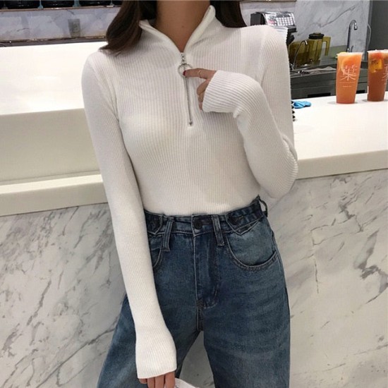 Knitted Zipper High Neck Sweater Pullovers Turtleneck Basic Knitted Zipper High Neck Sweater Pullovers Turtleneck Basic