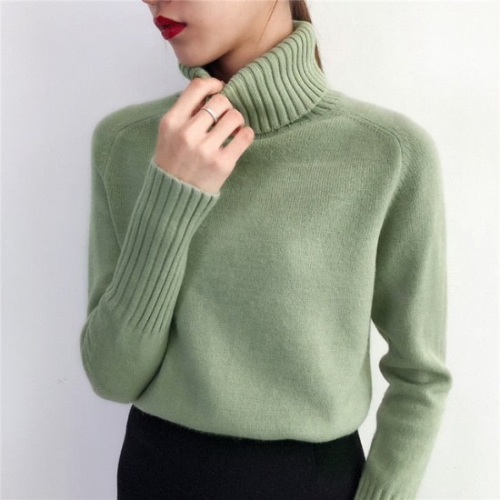 Knitted Turtleneck Long Sleeve Pullover Female Jumper Green Knitwear Knitted Turtleneck Long Sleeve Pullover Female Jumper Green Knitwear