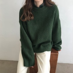 Dark Green Round Neck Pullover Sweater Long Sleeve Pullovers Jumper
