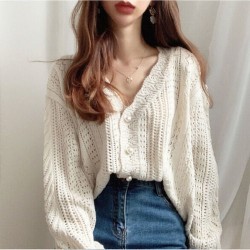 Knit Cardigans V-Neck Knit Tops Long Sleeve Flare Hollow Out Cardigan