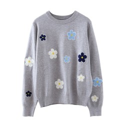 Floral Embroidery Pullover Sweater High Quality Women Elegant O Neck Knitted Tops