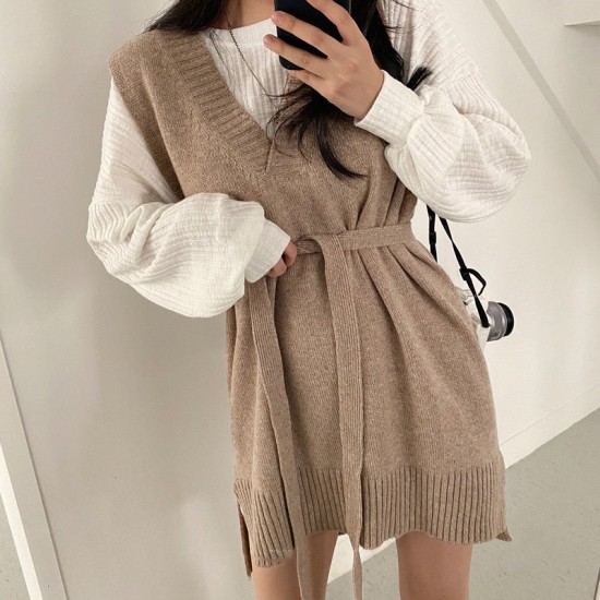 Dresses V-Neck Split Knitted Lace Up Sleeveless Style Elegant Lady Dress Dresses V-Neck Split Knitted Lace Up Sleeveless Style Elegant Lady Dress
