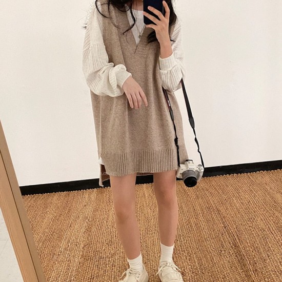 Dresses V-Neck Split Knitted Lace Up Sleeveless Style Elegant Lady Dress Dresses V-Neck Split Knitted Lace Up Sleeveless Style Elegant Lady Dress